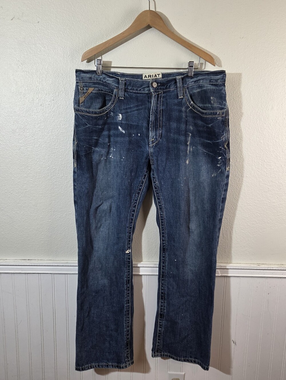 Ariat M4 Relaxed Boot Cut Jeans Mens 36x32 Blue Denim Work Western Paint Splatte